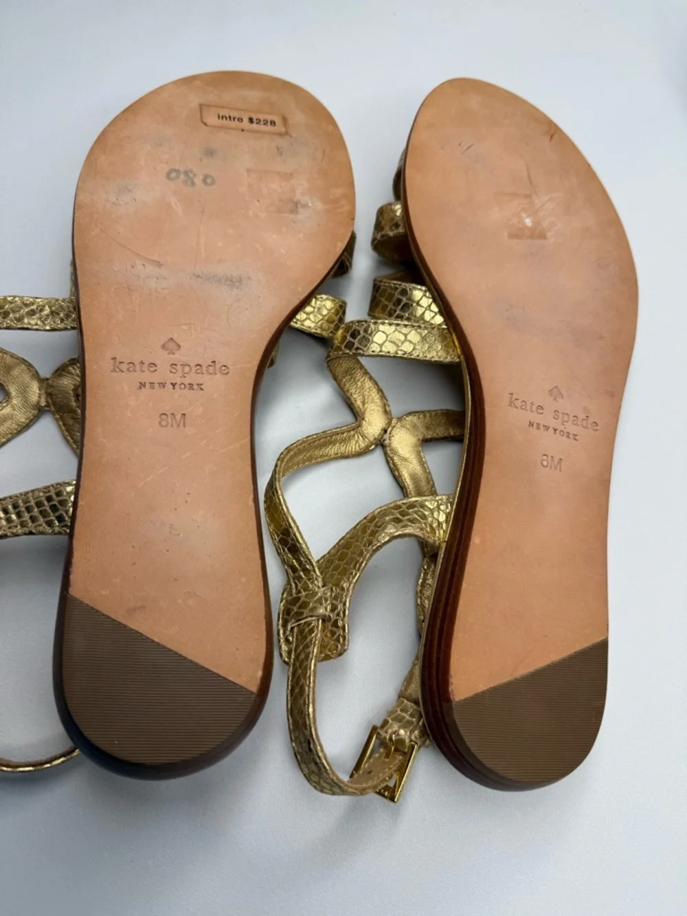 Kate Spade Gold Metallic Snake Embossed Strappy Flat Sandals Ankle Strap Size 8M